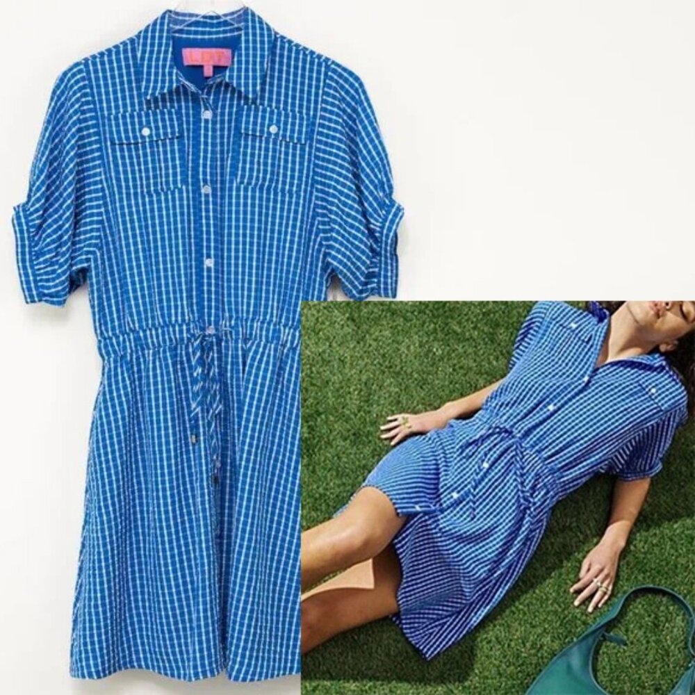 LDT “Chris” Dress Mini Check Button-Down Short Sleeve Blue White Size 0 NWT
